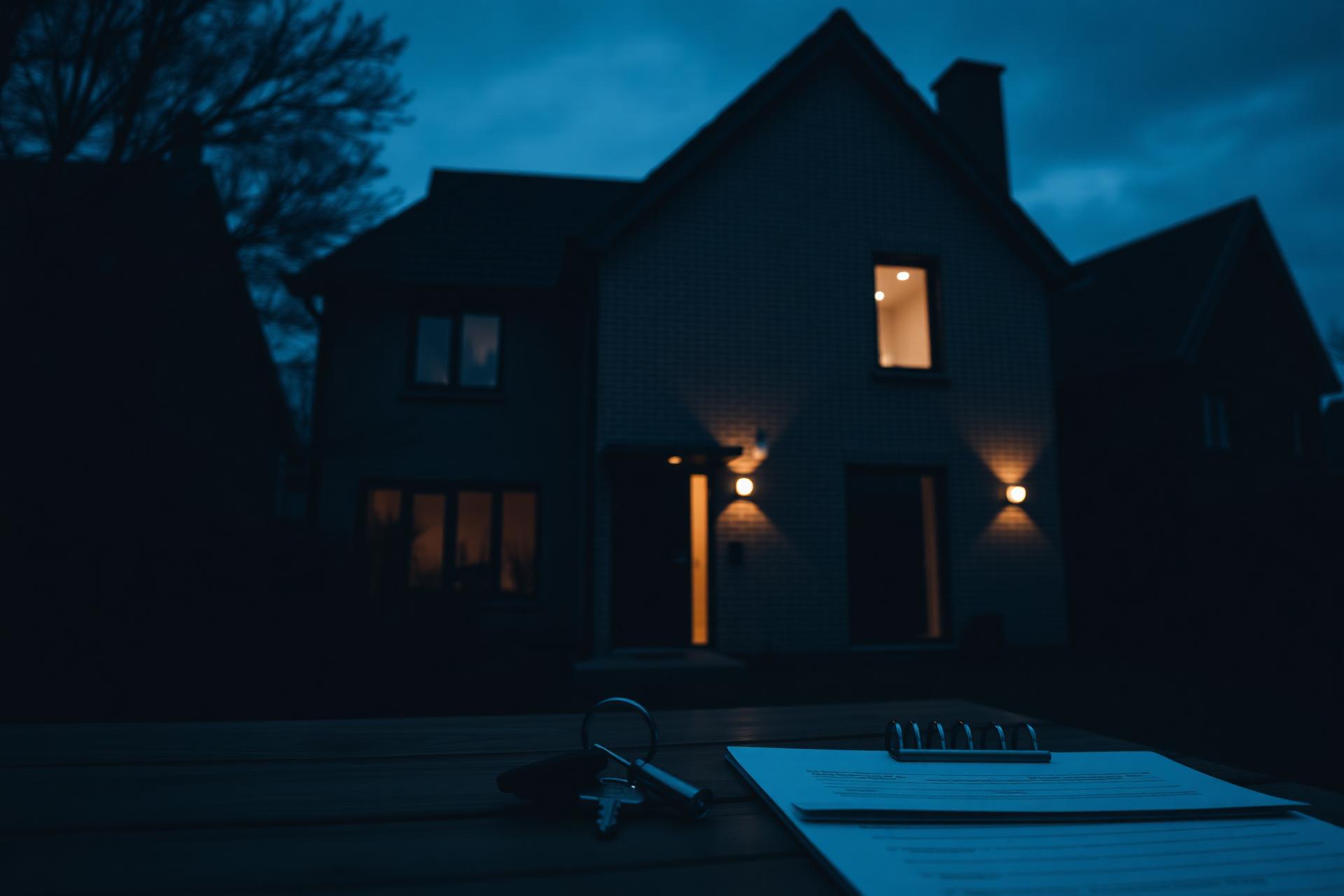 Modelwoning bij schemering met sleutels en inspectierapport